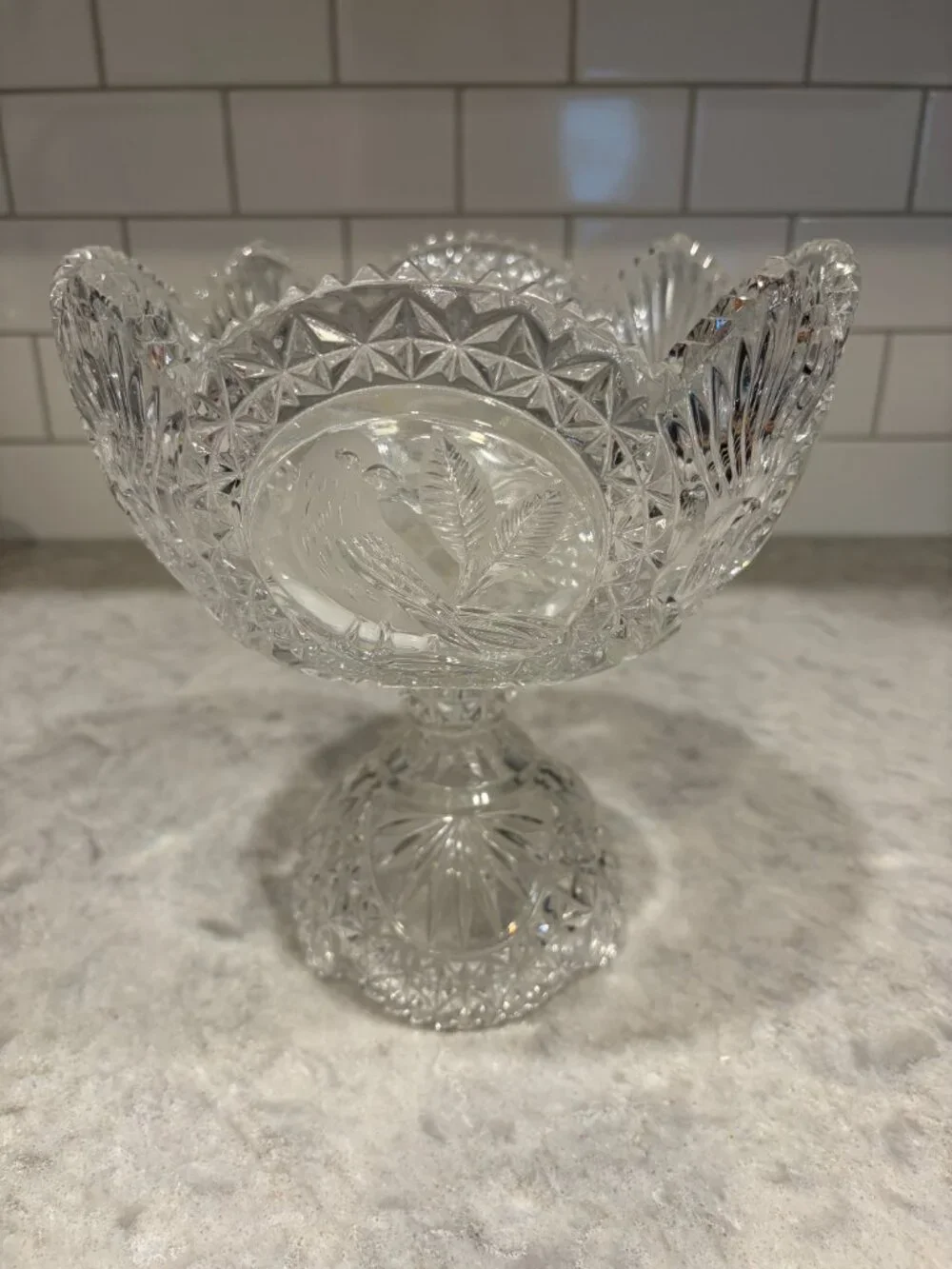 HOFBAUER Byrdes German Crystal Compote Bowl Etched Birds